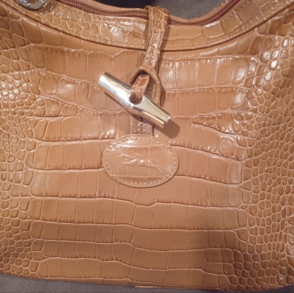 Longchamp Tan Croc Embossed Leather Handbag Shoulder Bag Purse Tote - Picture 2 of 9